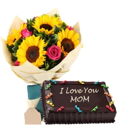 roses sunflowers bouquet with chocolate cake