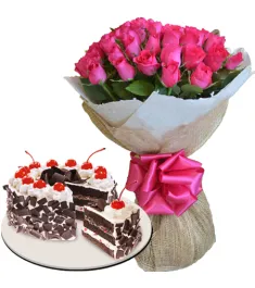 24 pink rose bouquet with black forest cake