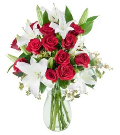 red roses with white lilies in vase to philippines