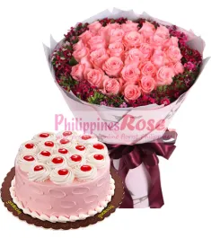 12 pink rose bouquet with mocha chiffon cake