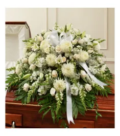 Delicate Whites Sympathy Funeral Casket Spray  Send to Philippines