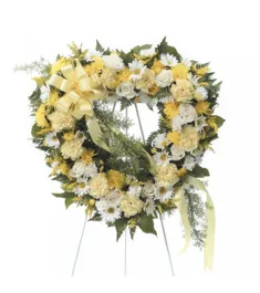 White and Yellow Sympathy Heart Shaped Standing Wreath  Send to Philippines