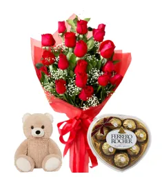 12 Red Roses,Lindt Chocolate Box with Bear to Philippines