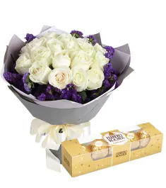 18 Pcs. White Color Roses with Ferrero Box