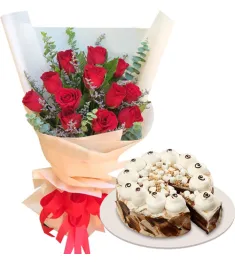 12 Red Roses with Rocky Road Cake By Red Ribbon