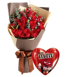 12 Red Roses witha box of m&m milk chocolate 43.5g