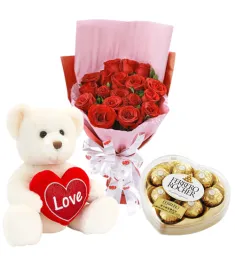 3 pcs Red Roses Bouquet,Toblerone Chocolate with Bear Send to Philippines