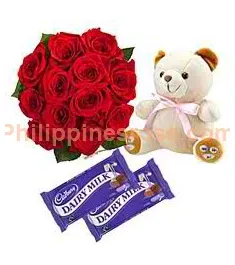 12 Red Roses in Bouquet,Cadbury Chocolate Bar with Bear Send to Philippines