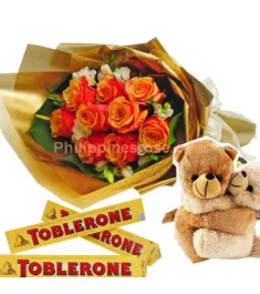 12 Orange Roses Bouquet,Toblerone Chocolate W/ Bear Send to Philippines