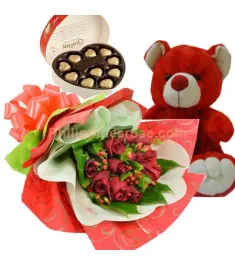 12 roses bouquet chocolate with teddy bear