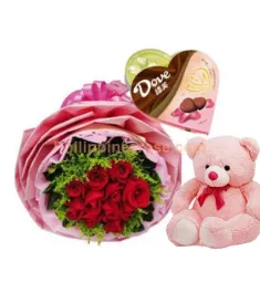 12 Red Roses Bouquet,Chocolate Box with Bear to Philippines