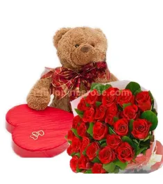 12 Red Roses Bouquet,Chocolate Box with Bear Send to Philippines