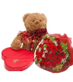 12 Red Roses Bouquet, Chocolate Box with Bear to Philippines