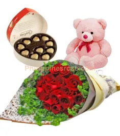 12 Red Roses Bouquet,Chocolate Box with Bear Send to Philippines