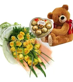 24 Yellow Roses in Bouquet,Ferrero Rocher Box with Bear Send to Philippines