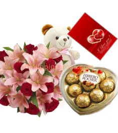 12 Red Roses & Pink Lilies Bouquet,Ferrero Rocher Box with Bear Send to Philippines