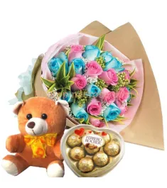 24 Pink & Blue Roses Bouquet,Ferrero Rocher Box with Bear Send to Philippines