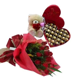 12 red roses bouquet chocolate box bear