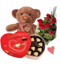 6 Red Roses Bouquet,Chocolate Box with Bear Send to Philippines