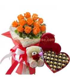 12 Orange Roses Bouquet, Chocolate W/ Bear Send to Philippines