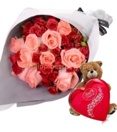 red and pink rose bouquet bear and chocolate box