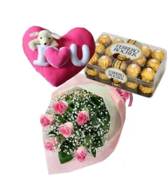 6 Pink Roses Bouquet,Ferrero Box with Pillow by Bear to Philippines