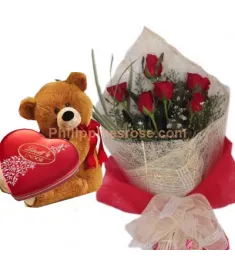 6 Red Roses Bouquet,Lindt Chocolate Box w/ Bear Send to Philippines