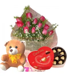 12 Pink Roses Bouquet,Chocolate Box w/ Bear Send to Philippines