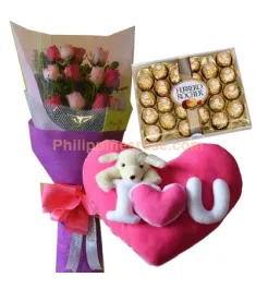 12 Pink Roses,Ferrero Box w/ Pillow by Bear Huggs Send to Philippines