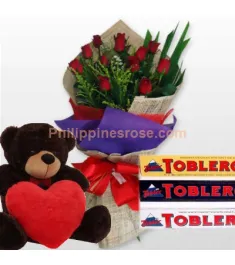 12 Red Roses Bouquet,Toblerone Chocolate w/ Heart Bear to philippines