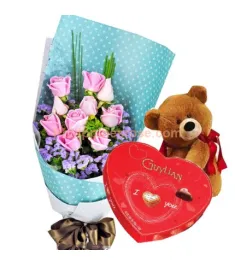 12 Pink Roses Bouquet,Chocolate Box w/ Bear Send to Philippines