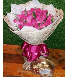 Two Dozen Pink Roses with Ferrero Rocher