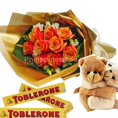 12 Orange Roses Bouquet,Toblerone Chocolate W/ Bear Send to Philippines