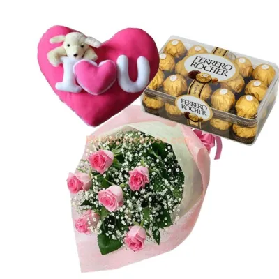 6 Pink Roses Bouquet,Ferrero Box with Pillow by Bear to Philippines