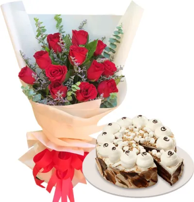 12 Red Roses with Rocky Road Cake By Red Ribbon