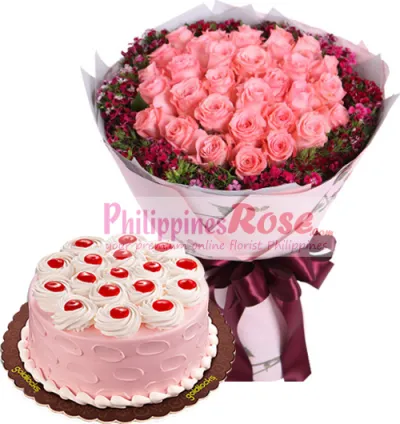 12 pink rose bouquet with mocha chiffon cake