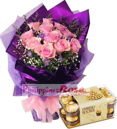 12 Pink Roses in a Bouquet with Ferrero Rocher