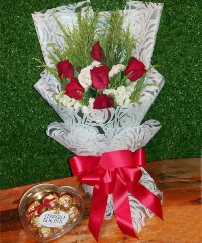 6 Pcs Red Roses in a bouquet with 8pcs/96g