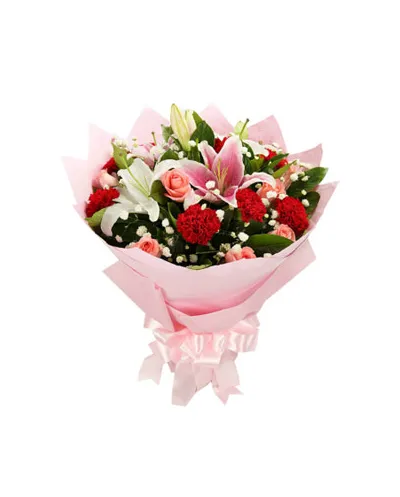 6 red carnations, 9 pink roses, 2 stalks perfume white and pink lilies to philippines