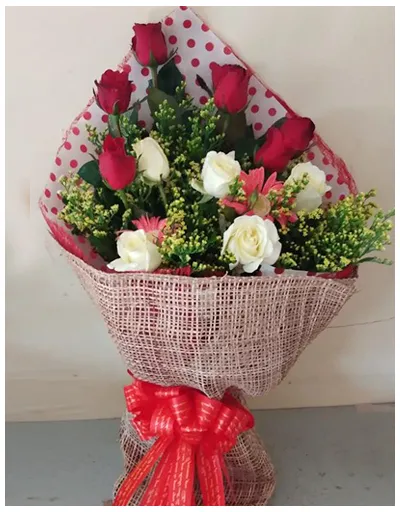 12 Red and White Roses in a Bouquet