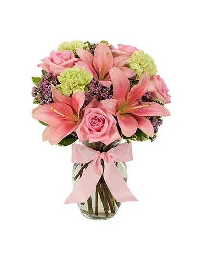 pink rose,lilies with mix flowers in vase