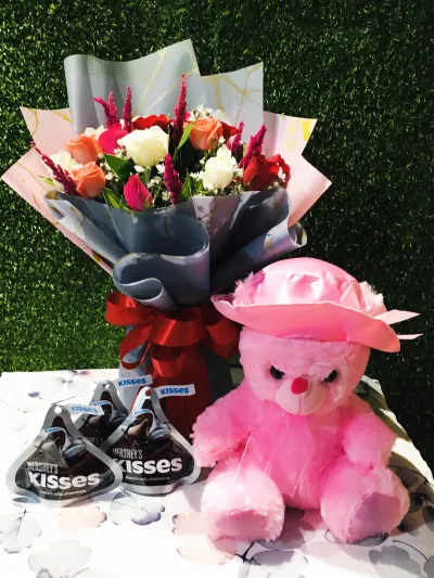 12 Mixed Roses with Chocolate and Teddy Bear